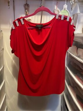 dressbarn Red Cold-Shoulder Drape Neck Top with Rhinestone Straps